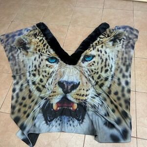 Jessica‎ McClintock Womens Statement Poncho OS Leopard Print Dramatic Faux Fur